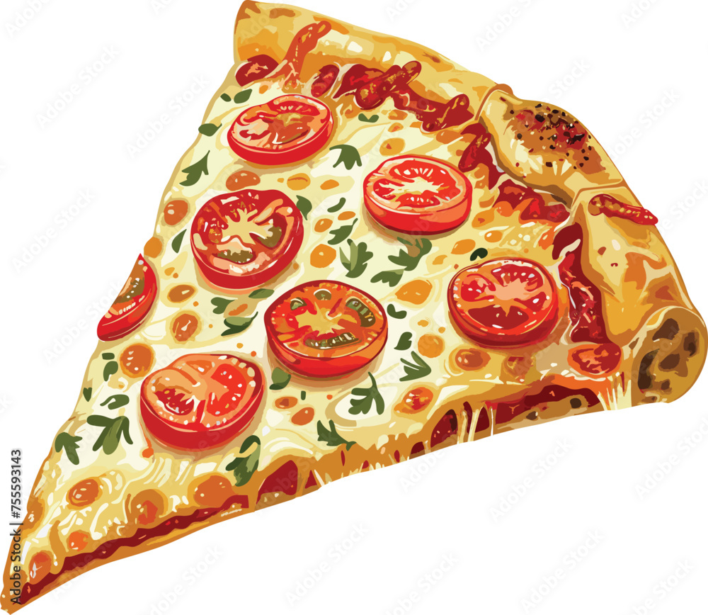 Vector illustration of a pizza slice topped with tomato and cheese. Vector illustration of a pizza slice topped with tomato and cheese.