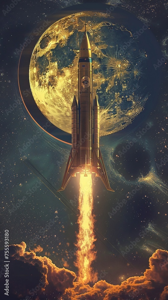 A majestic rocket with a shimmering golden hue soaring towards the moon. glossy