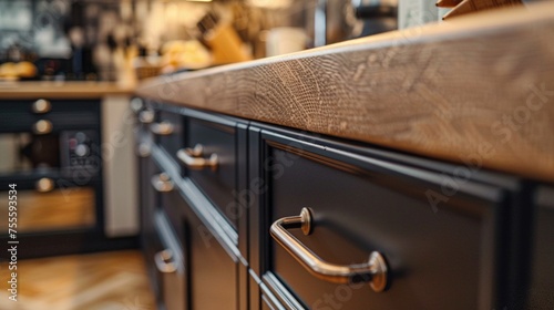 Close-Up of Kitchen Cabinet Countertop with Wooden Finishing