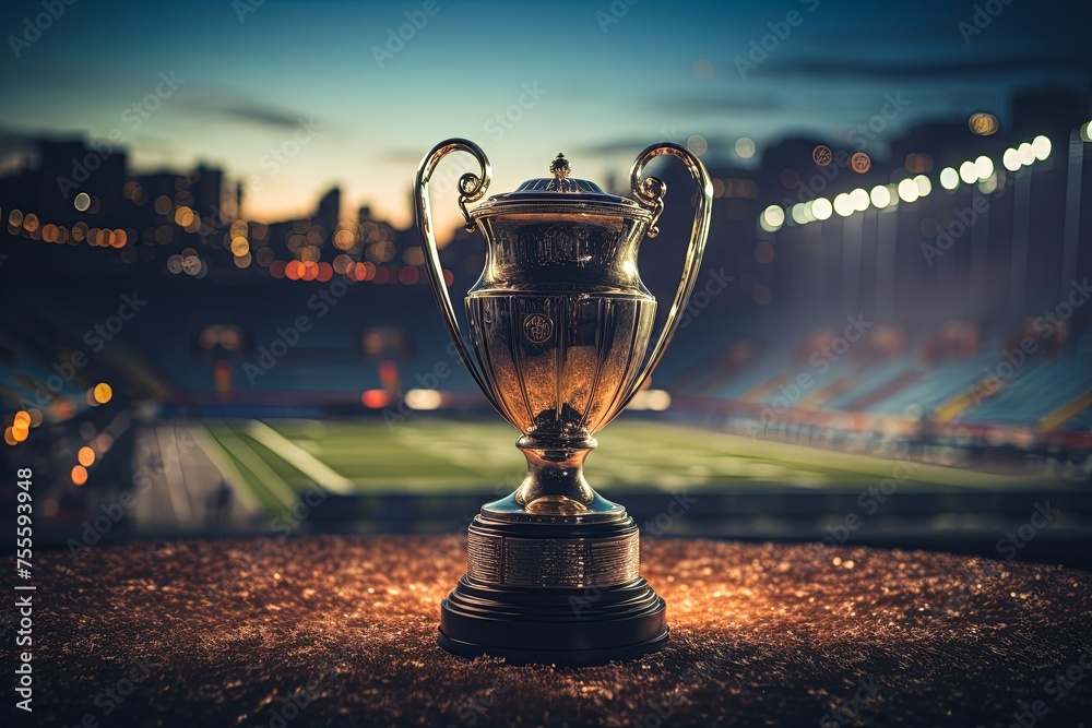 Winner Champion trophy and golden shiny cup victory and success in a sports competition isolated on white background. 3d rendering - obrazy, fototapety, plakaty 