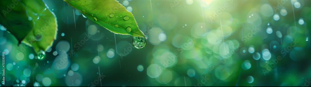 Obraz premium Rainy Forest Portrait: Macro Shot of a Water Drop on a Leaf