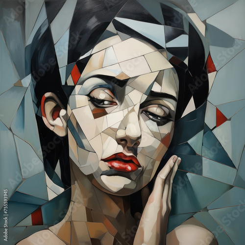 Shattered cubist portrait of a reflective lady