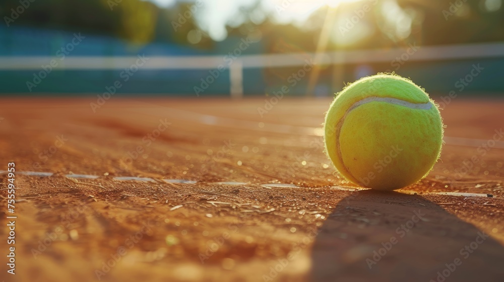 Tennis equipment with a close-up view on a clay court
