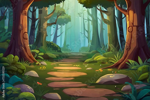 2D abstract enchanted forest background for battle arena mobile game. Enchanting landscape in flat cartoon style.