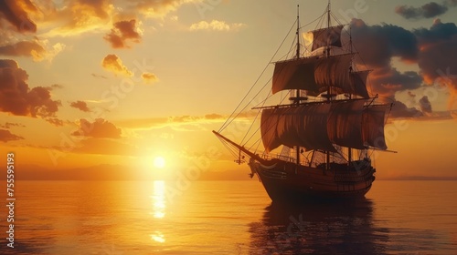 Medieval ship with white sails sailing at beautiful sunset. Mystery scary boat. Gorgeous rich sailboat. Vessel floating sea, ocean. Fairytale historical nautical travel. Seascape view.