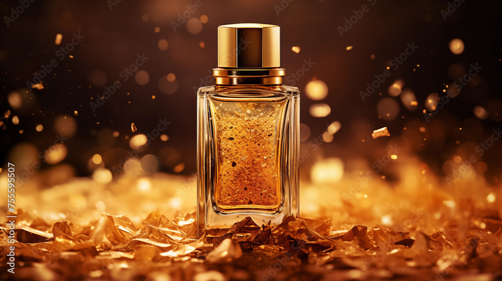 Petit flacon de parfum entouré sur un fond noir et doré avec particules scintillantes et brillantes. Ombre et lumière. Nature, beauté, cosmétique, soin. Fond pour conception et création graphique. Petit flacon de parfum entouré sur un fond noir et doré avec particules scintillantes et brillantes. Ombre et lumière. Nature, beauté, cosmétique, soin. Fond pour conception et création graphique.