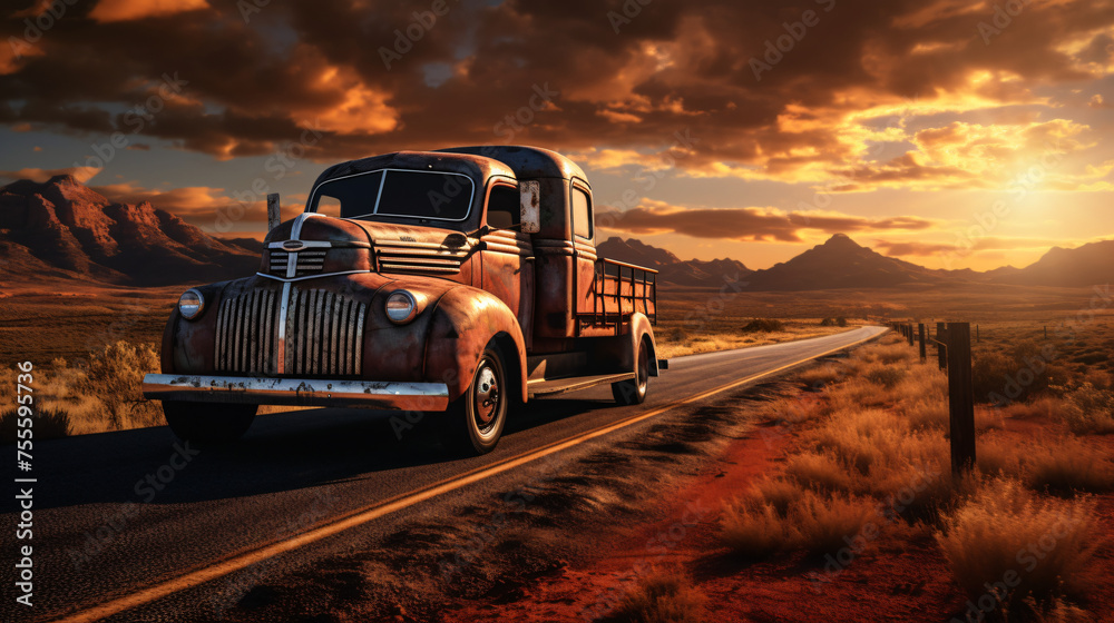 Old truck on the road. Classic American truck.