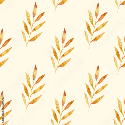Watercolor pattern with leaves, branches, hand drawn. Yellow, orange on a beige background