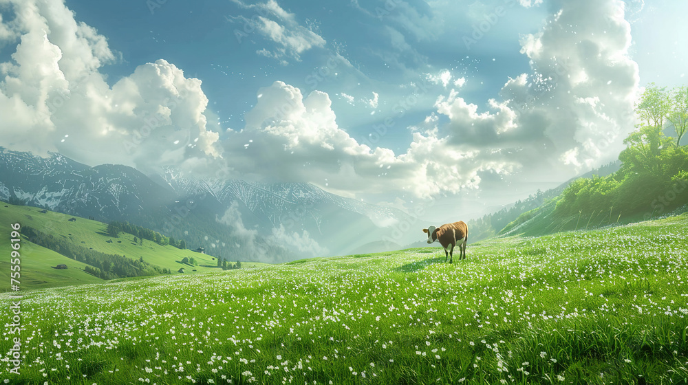 Cow grazing in a sunlit meadow Cow grazing in a sunlit meadow