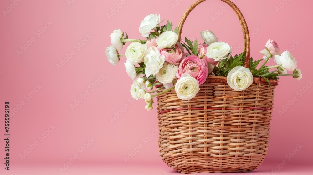 Trendy wicker bag adorned with a bouquet of white and pink ranunculus