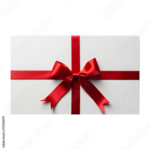 Blank white gift voucher with red ribbon bow or empty gift signboard isolated on transparent background © master graphics 