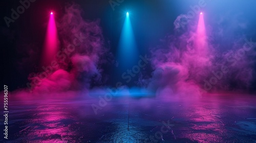 abstract neon light background, empty dark scene with neon spotlights light, studio room with smoke for display products presentation.