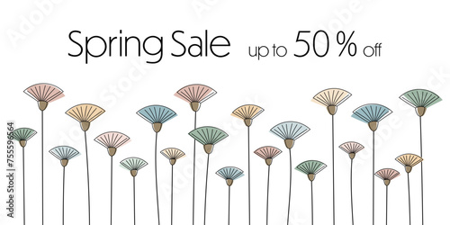 Spring Sale up to 50% off - Schriftzug in englischer Sprache - Frühlingsausverkauf bis zu 50% Rabatt. Verkaufsbanner mit modernen abstrakten Blumen in Pastellfarben.