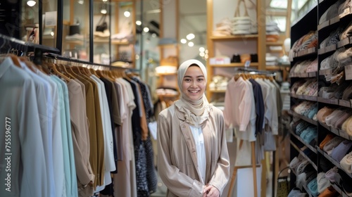 portrait of an attractive Asian female business owner standing with a crossed arm in her boutique fashion store. muslim entrepreneur concept. SME business online concept.