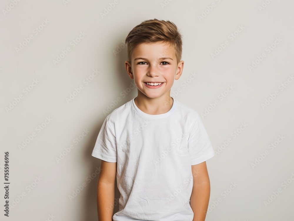 A cheerful young boy wearing a white t-shirt for mockups, symbolizing childhood joy, innocence, and happiness. Ideal for concepts related to children, family, and carefree moments. A cheerful young boy wearing a white t-shirt for mockups, symbolizing childhood joy, innocence, and happiness. Ideal for concepts related to children, family, and carefree moments.