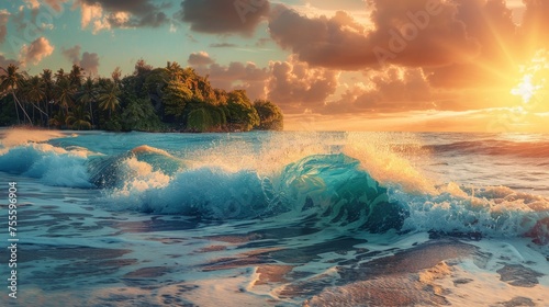 Tropical island greets the day with a sunrise wave