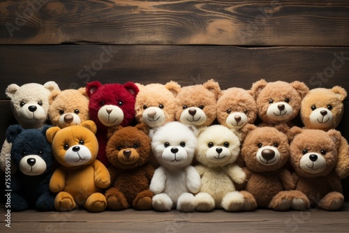 Many different teddy bears on a wooden background with copy space, toy store advertising