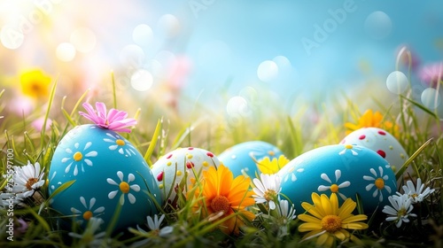 Easter Background with easter eggs and spring flowers on grass