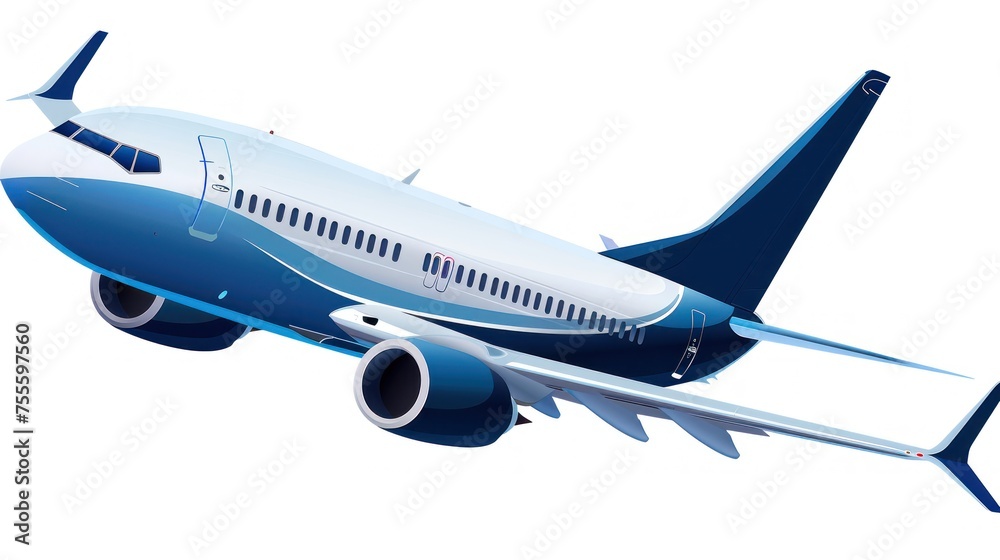 Fototapeta premium blue white jet plane taking off on white background