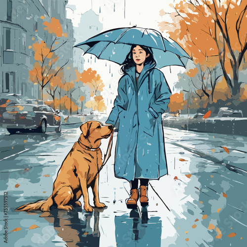 Ein junges Mädchen mit blauem Regenmantel, Schirm und zwei Hunden im Regen. Karte, Illustration, Poster.