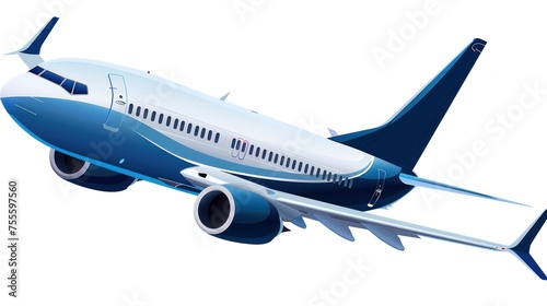 blue white jet plane taking off on white background