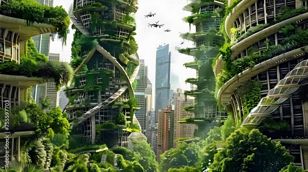Futuristic Cityscape of Greenery Skyscrapers Adorned with Living Plants and Flying Vehicles in a Sustainable Urban Ecosystem