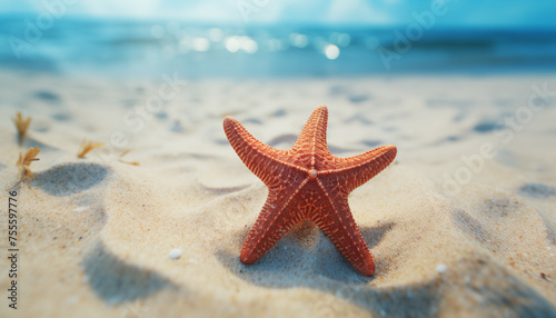 starfish on the sand on the ocean shore. vacation at sea. composition of sea inhabitants.