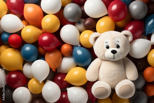 Adorable white teddy bear plush toy surrounded by vibrant colorful balloons for playtime fun © Nikolai