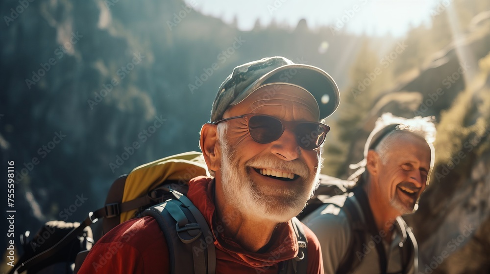 Happy senior hiking in the mountains Happy senior hiking in the mountains