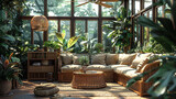 A sunroom with a rattan sofa, a coffee table, a ceiling fan, and a lot of plants.