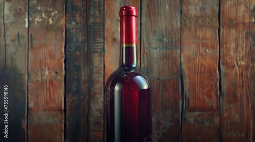 A close-up shot of a tall, elegant bottle of red wine standing against a rustic wooden backdrop, with soft natural lighting highlighting its rich color and texture.