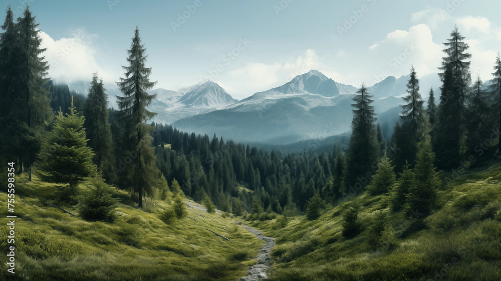Paysage de forêt dans les montagnes. Nuage, brume, ciel. Horizon, calme. Pour conception et création graphique.