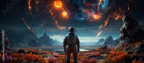 Astronaut on foreign planet in front of spacetime portal light. Astronaut in space. Fantasy landscape.