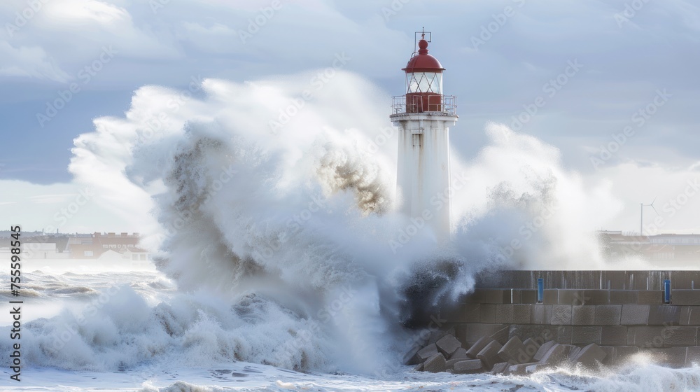 lighthouse in the middle of the sea with big beach waves
