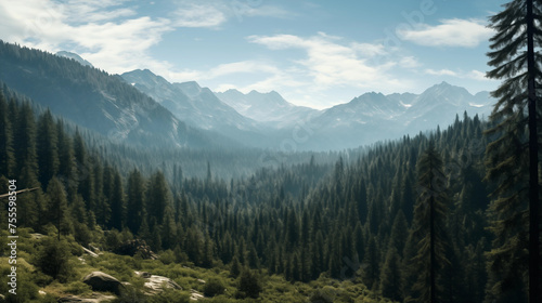Paysage de forêt dans les montagnes. Nuage, brume, ciel. Horizon, calme. Pour conception et création graphique. © FlyStun