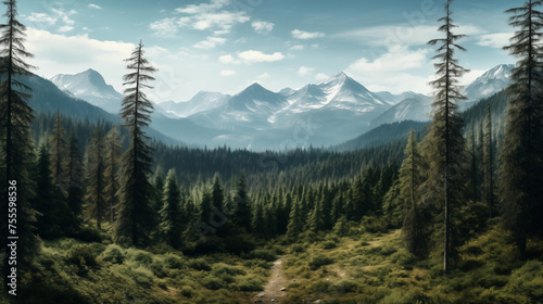Paysage de forêt dans les montagnes. Nuage, brume, ciel. Horizon, calme. Pour conception et création graphique. © FlyStun