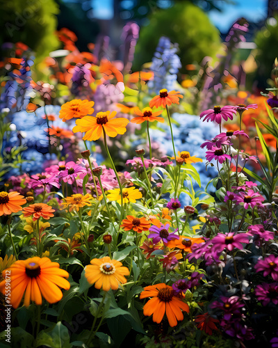 Colorful flowers are blooming in a garden.