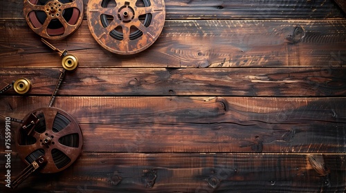 Wooden background featuring a movie reel