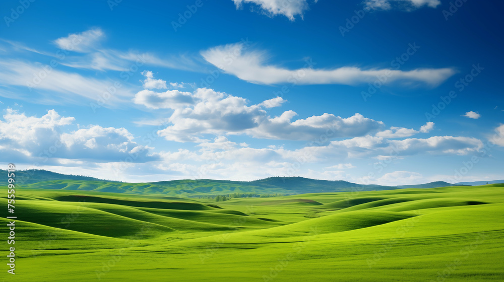 Paysage d'une prairie avec de l'herbe verte, des montagnes en arrière ...