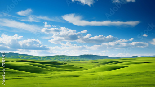 Paysage d'une prairie avec de l'herbe verte, des montagnes en arrière-plan et un beau ciel bleu avec nuages. Fond d'écran, décor, paysage calme. Pour conception et création graphique.