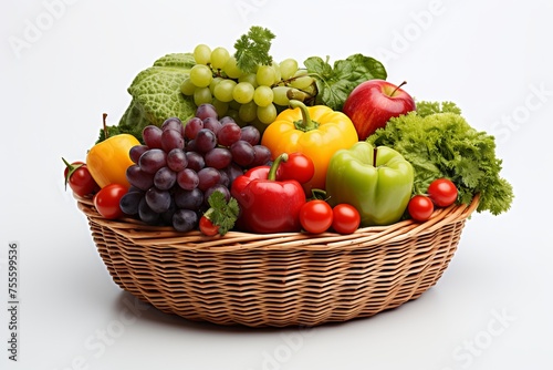 Assorted organic fresh vegetables and fruits in a wicker basket isolated on white background