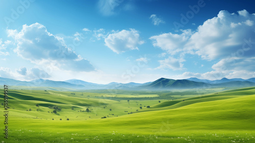 Paysage d une prairie avec de l herbe verte  des montagnes en arri  re-plan et un beau ciel bleu avec nuages. Fond d   cran  d  cor  paysage calme. Pour conception et cr  ation graphique.