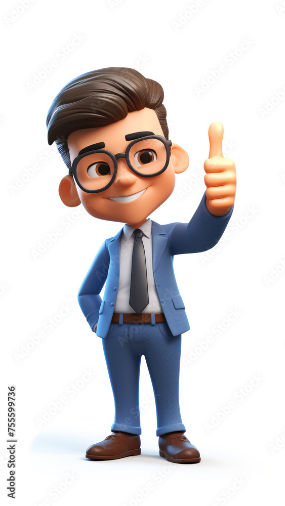 Happy smiling cartoon character young adult business office man person showing thumb up gesture in 3d style design on light background. Successful human people with ok like cool finger concept