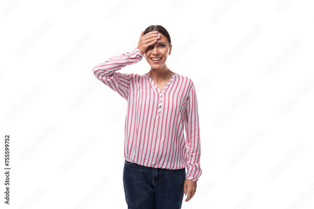 young brunette business woman dressed in a striped shirt thinking on a white background young brunette business woman dressed in a striped shirt thinking on a white background