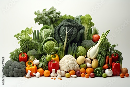 Assorted organic fresh vegetables and healthy food isolated on white background