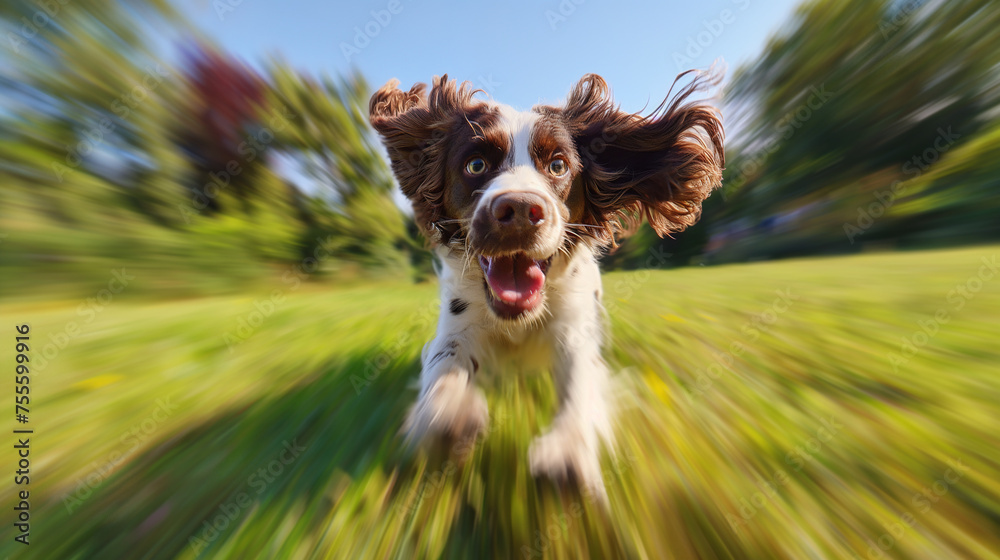 A Young English Springer Spaniel Dog running in a park