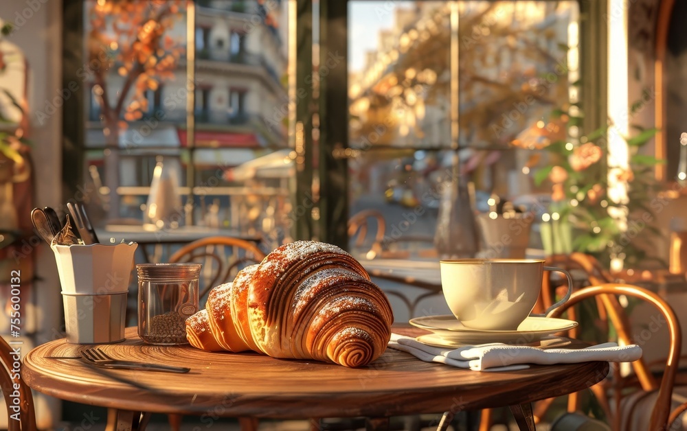 Fresh croissant and coffee on a wooden table at a cozy street cafe, bathed in warm sunlight.