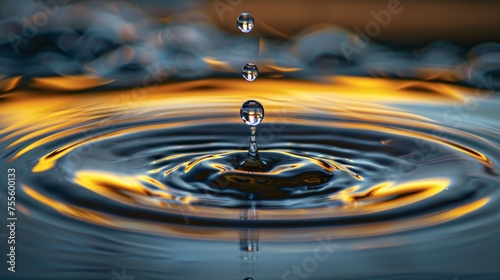 A close-up of a clear water drop splashing on a liquid surface, creating ripples