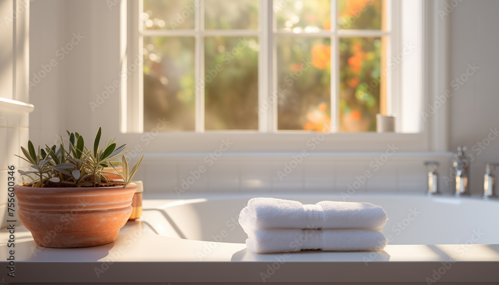 towel on a white bathtub in a bright bathroom with beautiful light from the window. the atmosphere of a pleasant bath, spa treatment at home. 