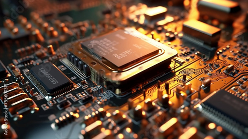 close up computer chip processor with luminent colors